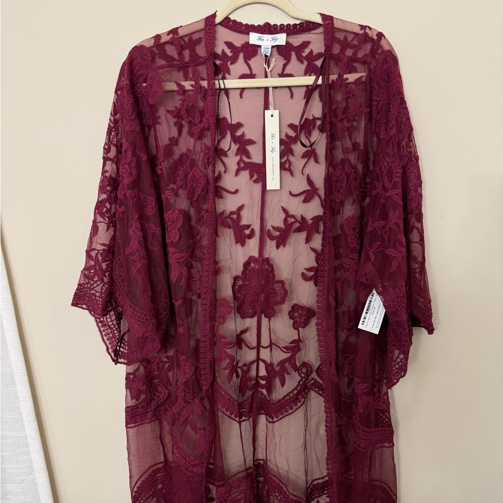 She + Sky Maroon Lace Kimono 
Small/ Medium